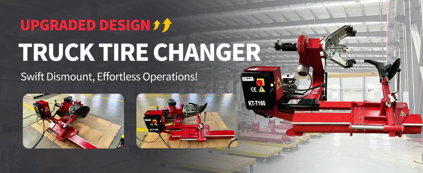 Katool KT-T160 truck tire changer promotional banner with text “Upgraded Design, Swift Dismount, Effortless Operations” and product images on gray warehouse background.