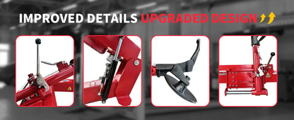 Katool KT-T160 truck tire changer promotional graphic with text “Improved Details, Upgraded Design” showing bead press arm, hydraulic cylinder, mount/demount tool, and sliding carriage.