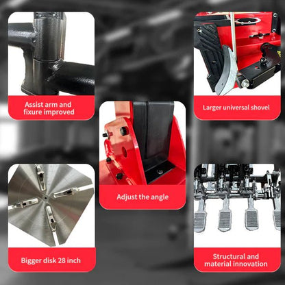 Katool KT-T850 tire changer closeup features with improved assist arm, larger universal shovel, adjustable angle, 28 in disk, and structural material innovation