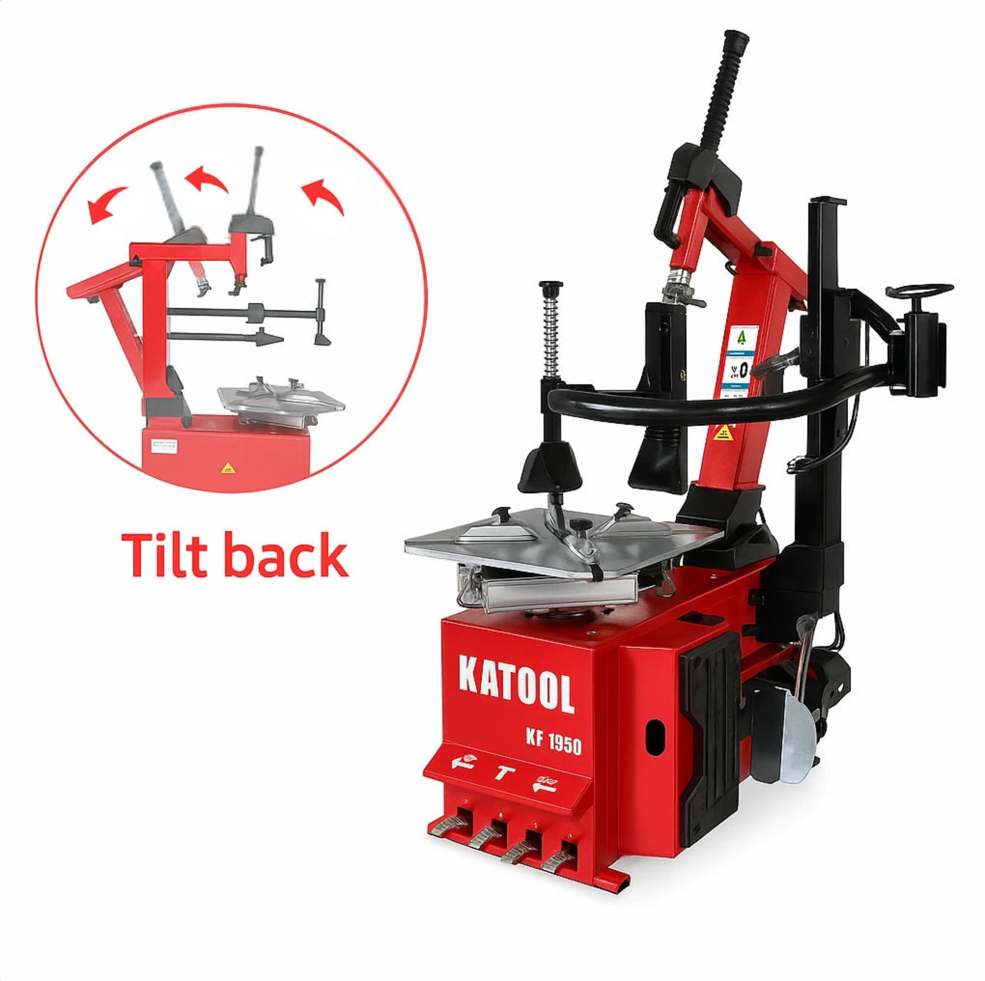 Katool KT-T850 tire changer machine with tilt-arm control shown in tilt back demonstration, red arrows highlighting backward tilt function