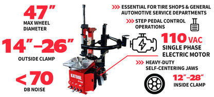 Katool KT-T850 tire changer machine with tilt-arm shown with specifications including 47 in max wheel diameter, 14-26 in outside clamp, and 110 VAC motor