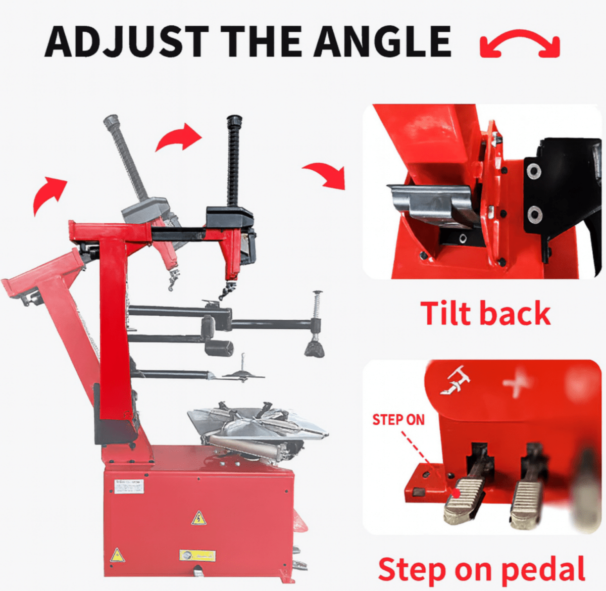 Katool KT-T850 tire changer showing tilt back mechanism and foot pedal controls, with arrows indicating backward tilt for angle adjustment