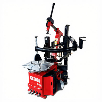 Katool KT-T850 tire changer machine with tilt-arm and wheel clamp, shown in a full front hero view with control pedals and side assist arm