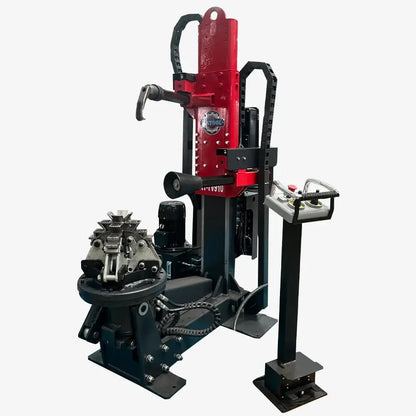 Katool KT-TV910 Hydraulic Truck Tire Changer front 3/4 view with segmented chuck, bead breaker roller arm, motor base and control pedestal.