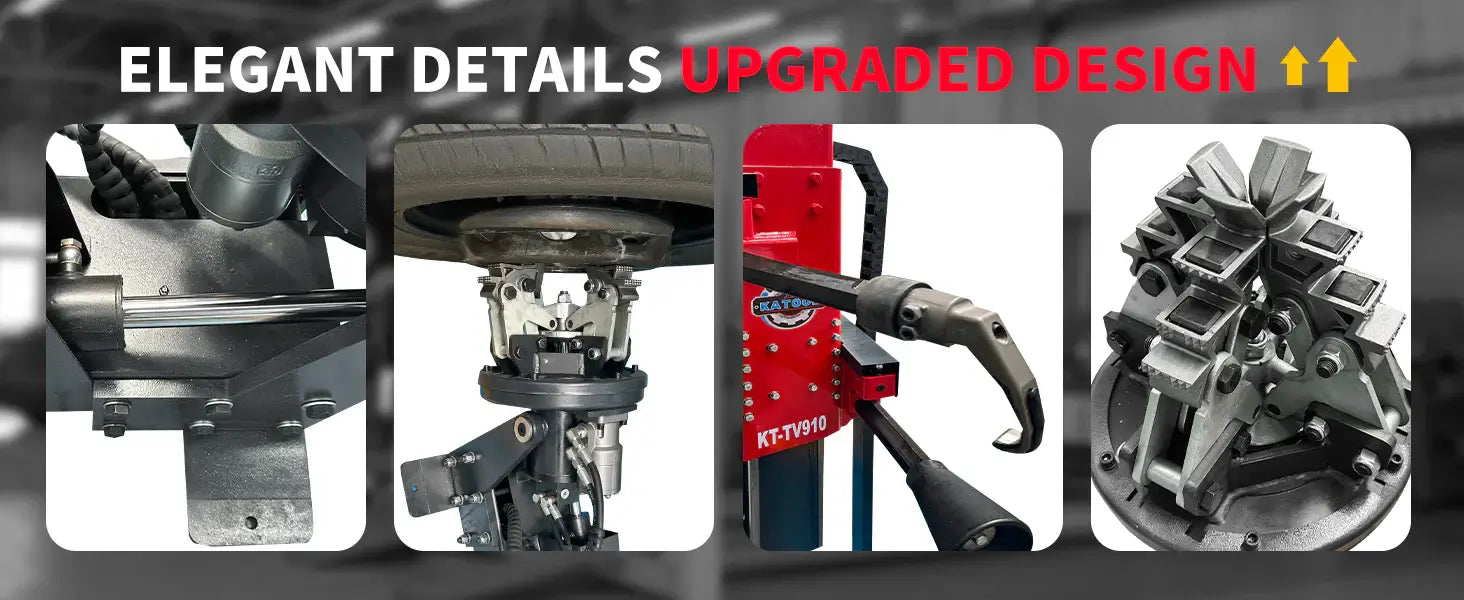 Katool KT-TV910 tire changer details showing hydraulic cylinder linkage, center-clamping chuck, mount/demount head, and segmented jaw assembly.