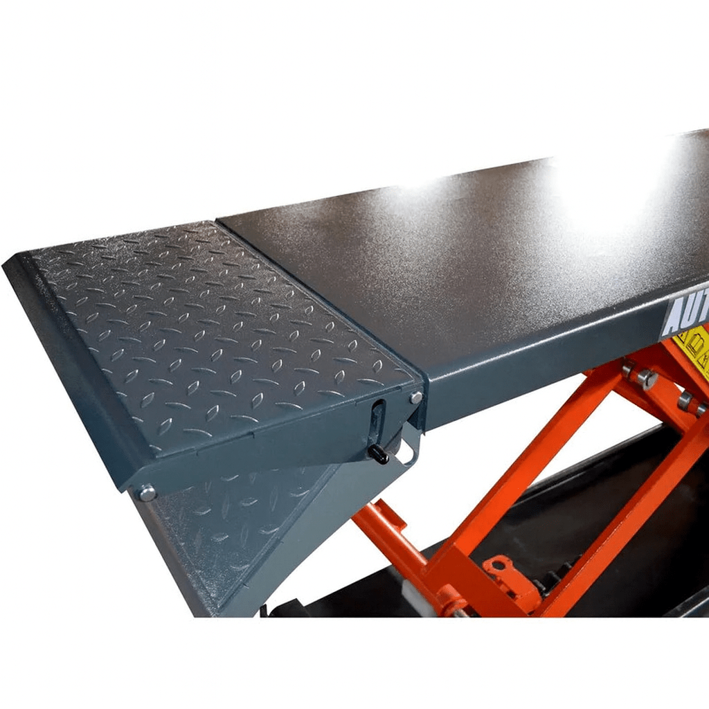 Katool KT-X80 pneumatic mid-rise scissor lift platform closeup with diamond plate ramp, red arrow indicator, Capacity 8000 lb. 