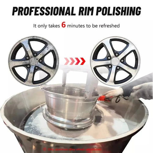 KT-RPM80 6-minute polishing cycle transformation showing derust and like-new finish on aluminum wheels