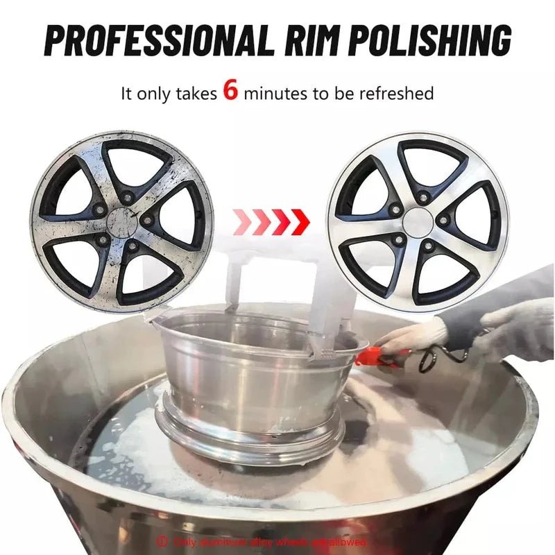 Katool RPM-80 Rim Polishing Machine demonstration showing aluminum rim before and after polishing with text highlighting 6 minute refresh process