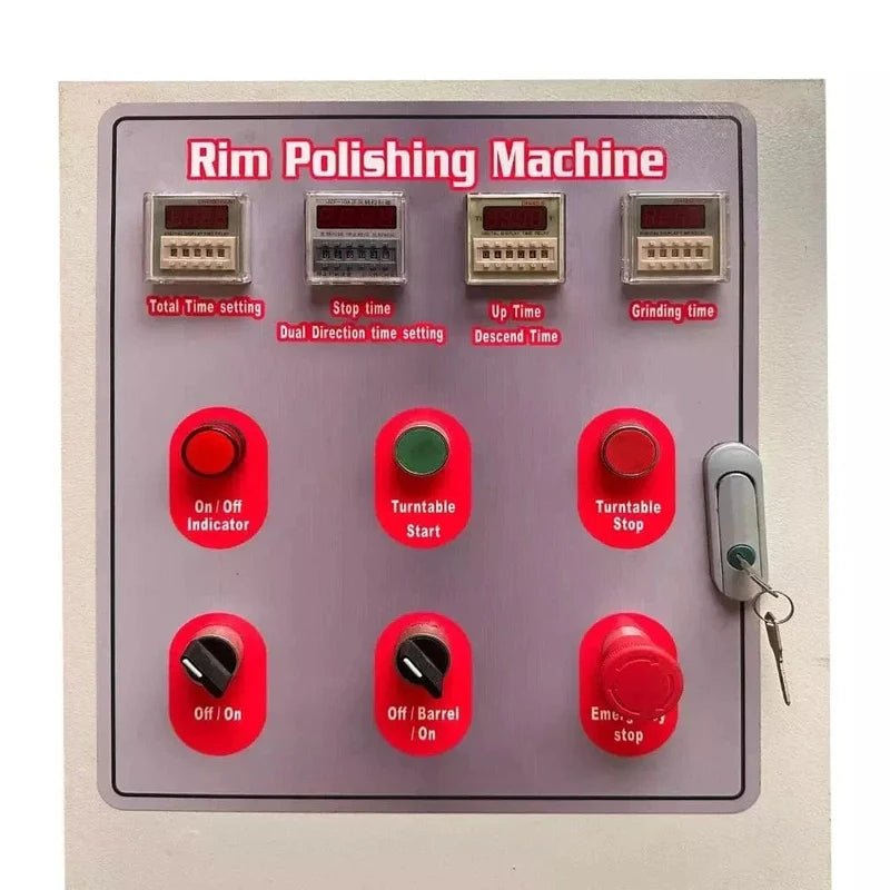 Katool RPM-80 Rim Polishing Machine control panel close-up showing digital timers, on off switches, turntable start stop buttons, and emergency stop key