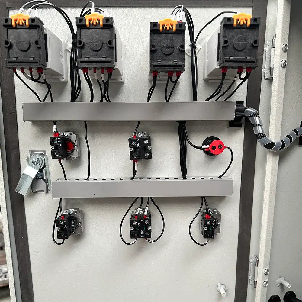 Katool RPM-80 Rim Polishing Machine internal electrical cabinet view showing breakers, switches, and wiring layout for machine operation
