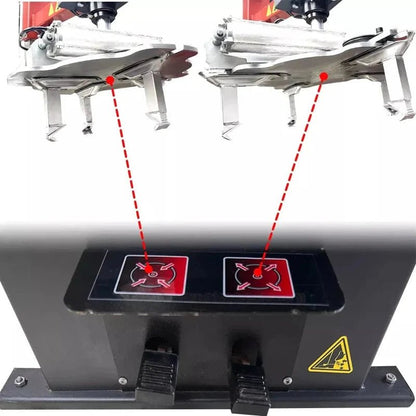 Katool RPM-80 Rim Polishing Machine instructional image showing foot pedal controls linked with polishing arm functions using red directional indicators