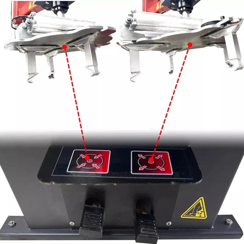 Katool RPM-80 Rim Polishing Machine instructional image showing foot pedal controls linked with polishing arm functions using red directional indicators