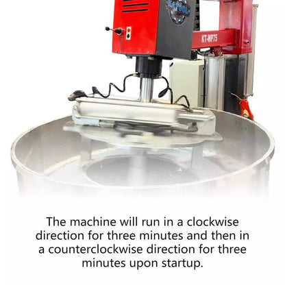 Katool RPM-80 Rim Polishing Machine instructional graphic showing polishing head rotation inside drum with note on clockwise and counterclockwise cycle