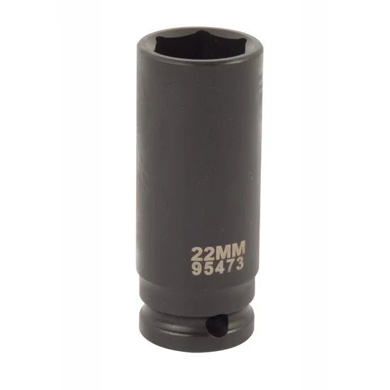 STEELMAN JS-95473 22 mm half inch drive deep impact socket standing on white background.