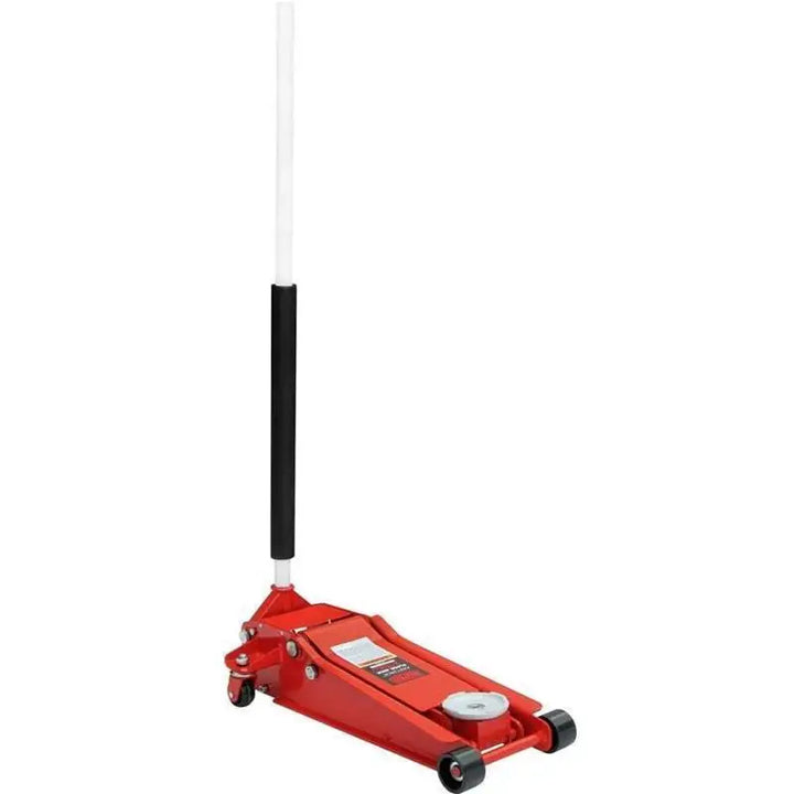 a red hand truck with a black handle