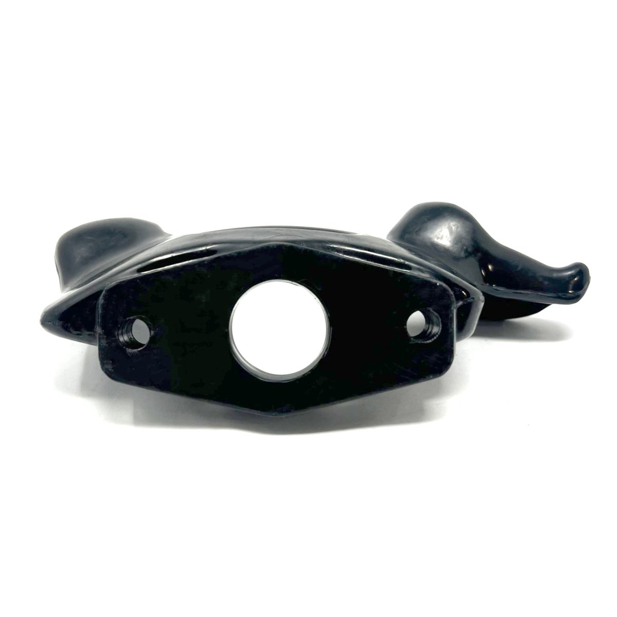 Underside of a black nylon duck head for Sicam tire changers showing the center bore and two mounting holes