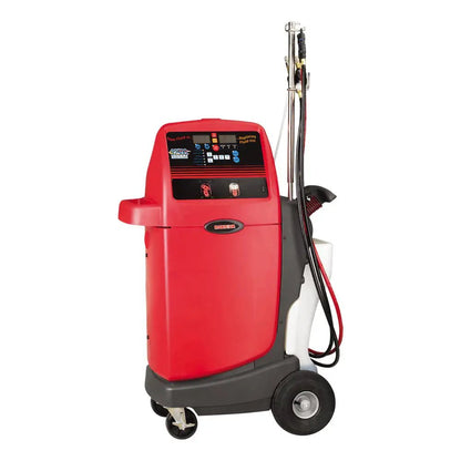 Red automotive fluid exchange machine with wheels and a control panel.