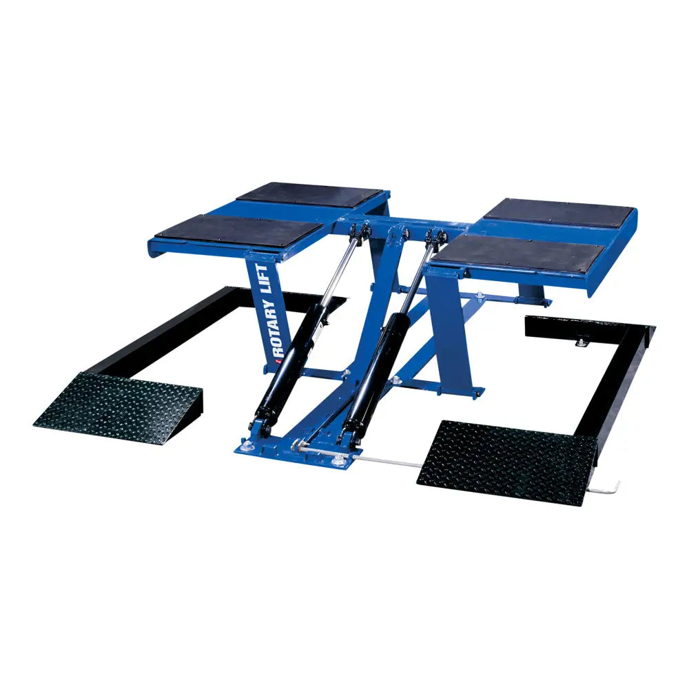 Hydraulic car lift with blue frame and black platforms for vehicle maintenance.