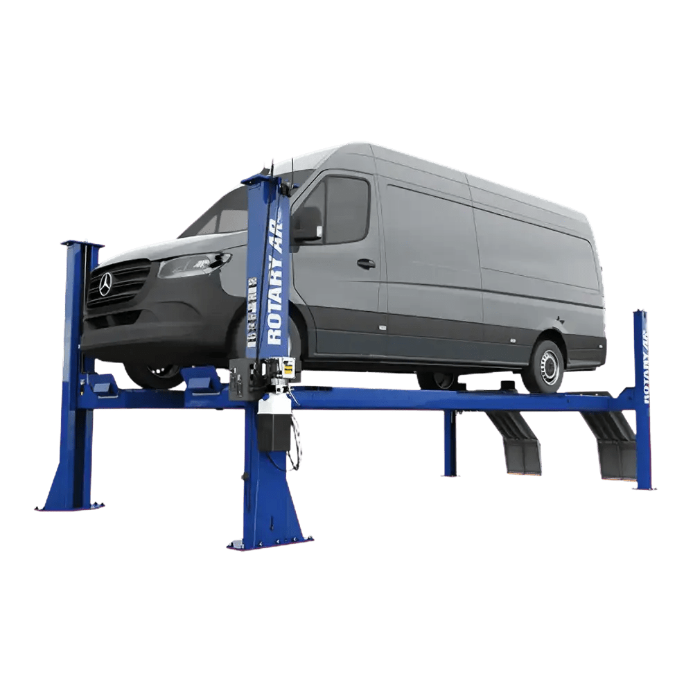 Blue four-post rotary alignment lift with gray van on open front alignment lift