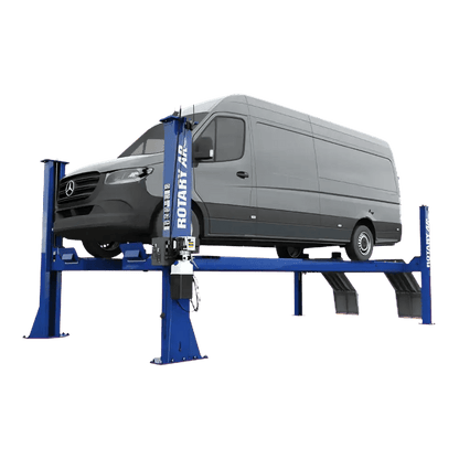Blue four-post rotary alignment lift with gray van on open front alignment lift