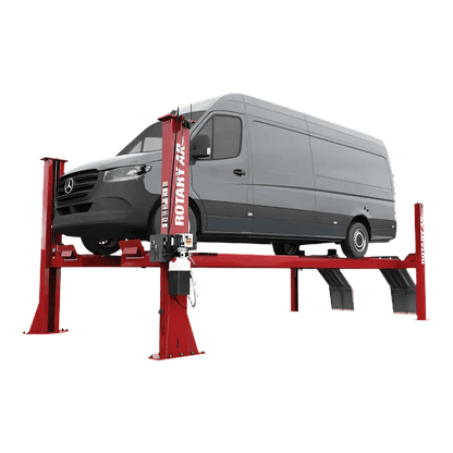 Red four-post alignment lift for vehicle servicing, Rotary lift with open front design