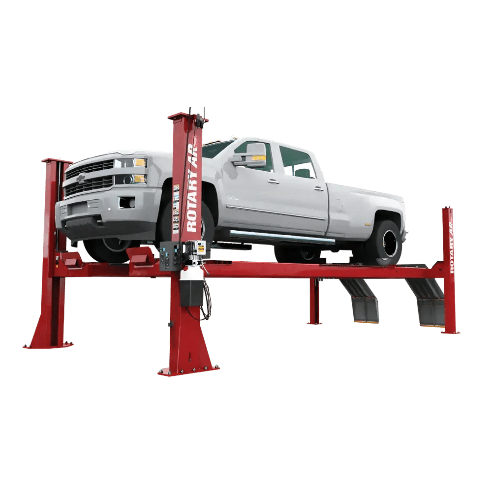 Red Rotary 16K 4-Post Alignment Lift with open front design and truck on it