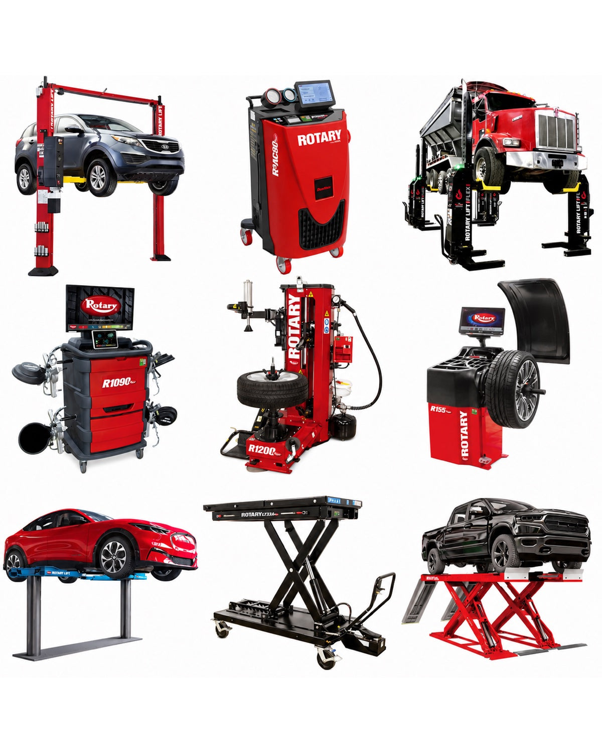 Rotary equipment lineup: two post lifts, mobile columns, alignment, tire changers, wheel balancers, and scissor lifts