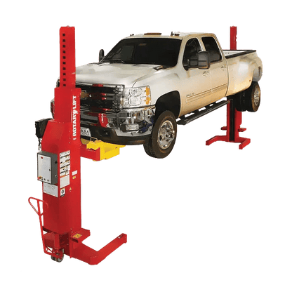 Red mobile column lift supporting white pickup with Rotary M140168YL cross beam kit