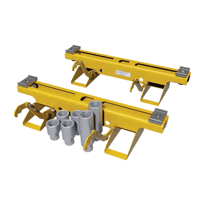 Yellow track jacks with grey pipe rollers for Rotary M140168YL cross beam kit on column lift