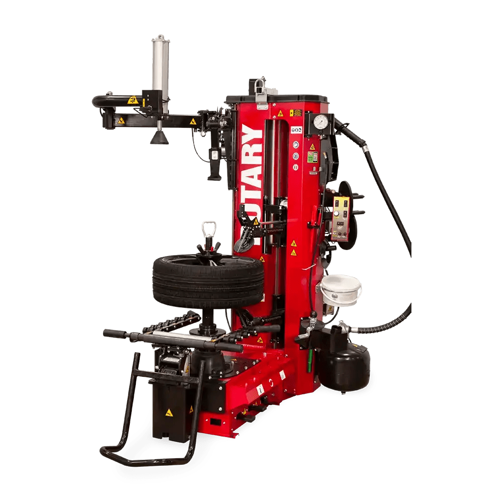 Red tire changer with mounted tire on Rotary R1250 Leverless Tire Changer for R1200 changing