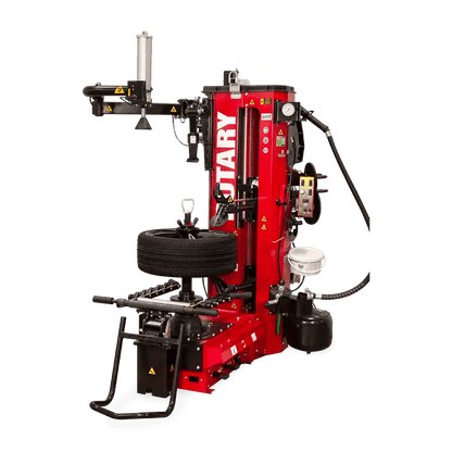 Red tire changer with mounted tire on Rotary R1250 Leverless Tire Changer for R1200 changing