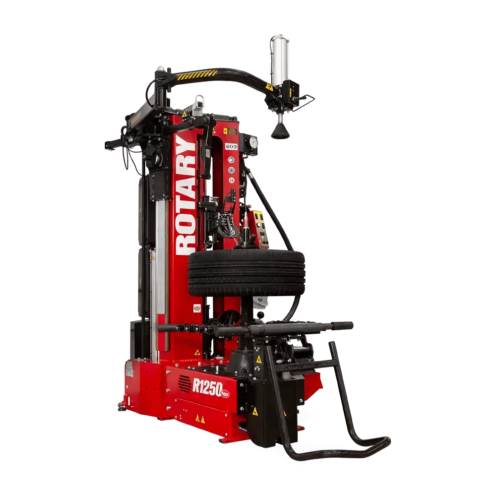 Red Rotary R1250 Leverless Tire Changer with mounted tire for R1200 changing tasks