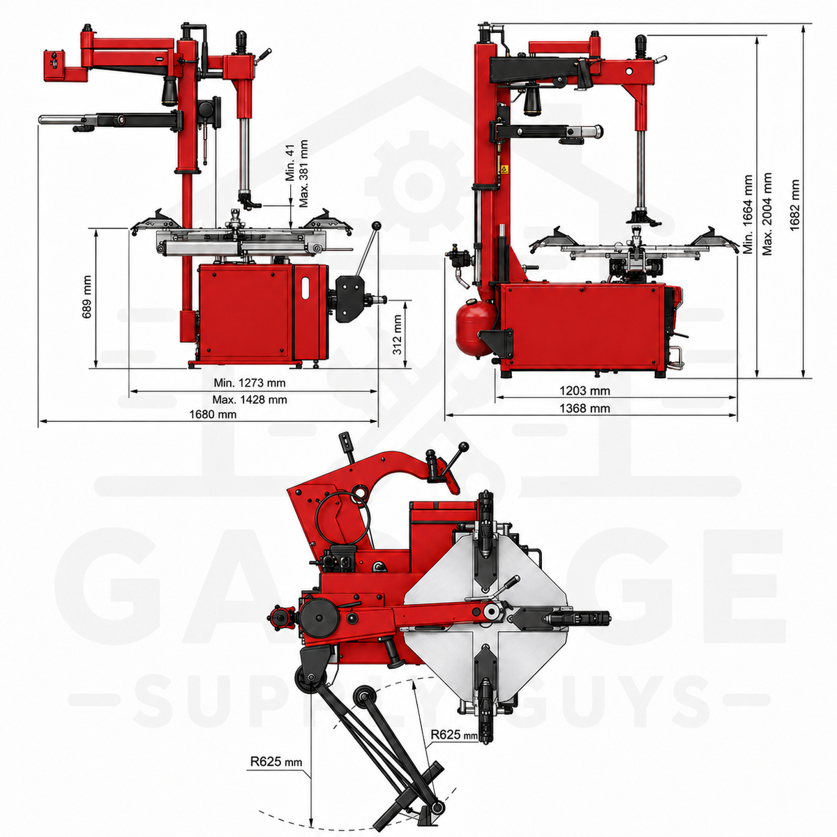 Rotary R146RP tire changer dimensions diagram: side and front elevations with helper-arm sweep radius, all measurements in mm dimensions diagram