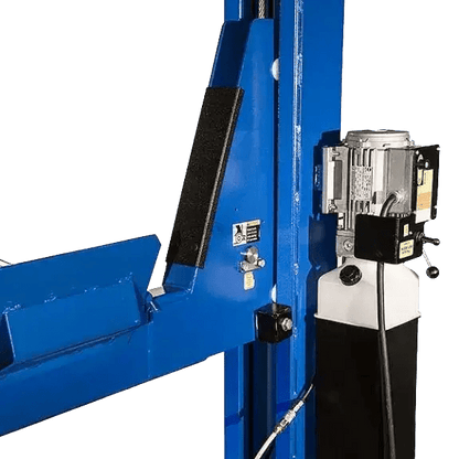 Blue Rotary SMO14EL2 14k four-post lift with black accents and control unit
