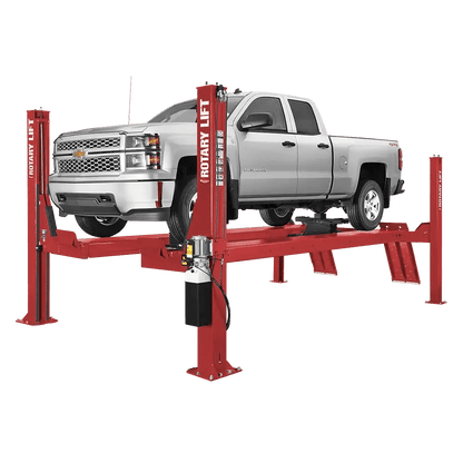 Red Rotary SMO14EL2 14k four-post lift supporting a silver Chevrolet Silverado truck