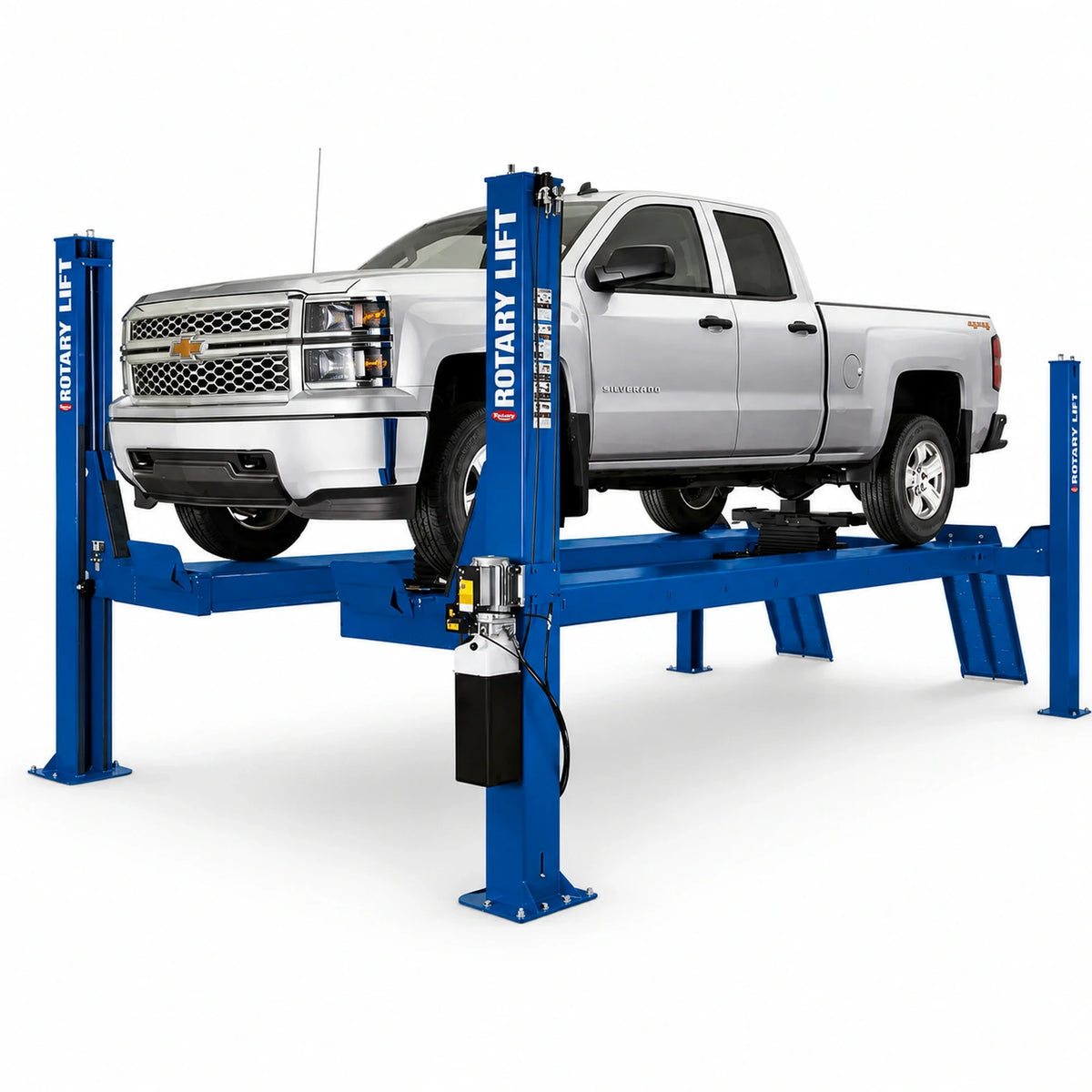 Rotary SMO14 Extended runway four-post lift, blue, with truck