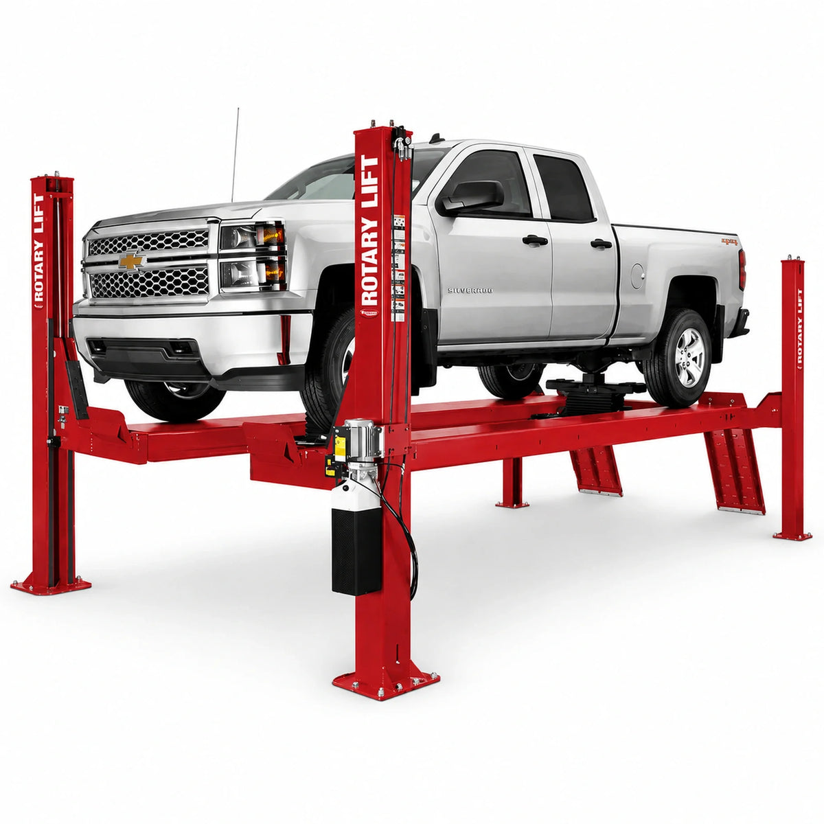 Rotary SMO14 Extended runway four-post lift, red, with truck