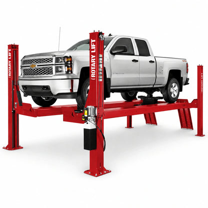 Rotary SMO14 Extended runway four-post lift, red, with truck