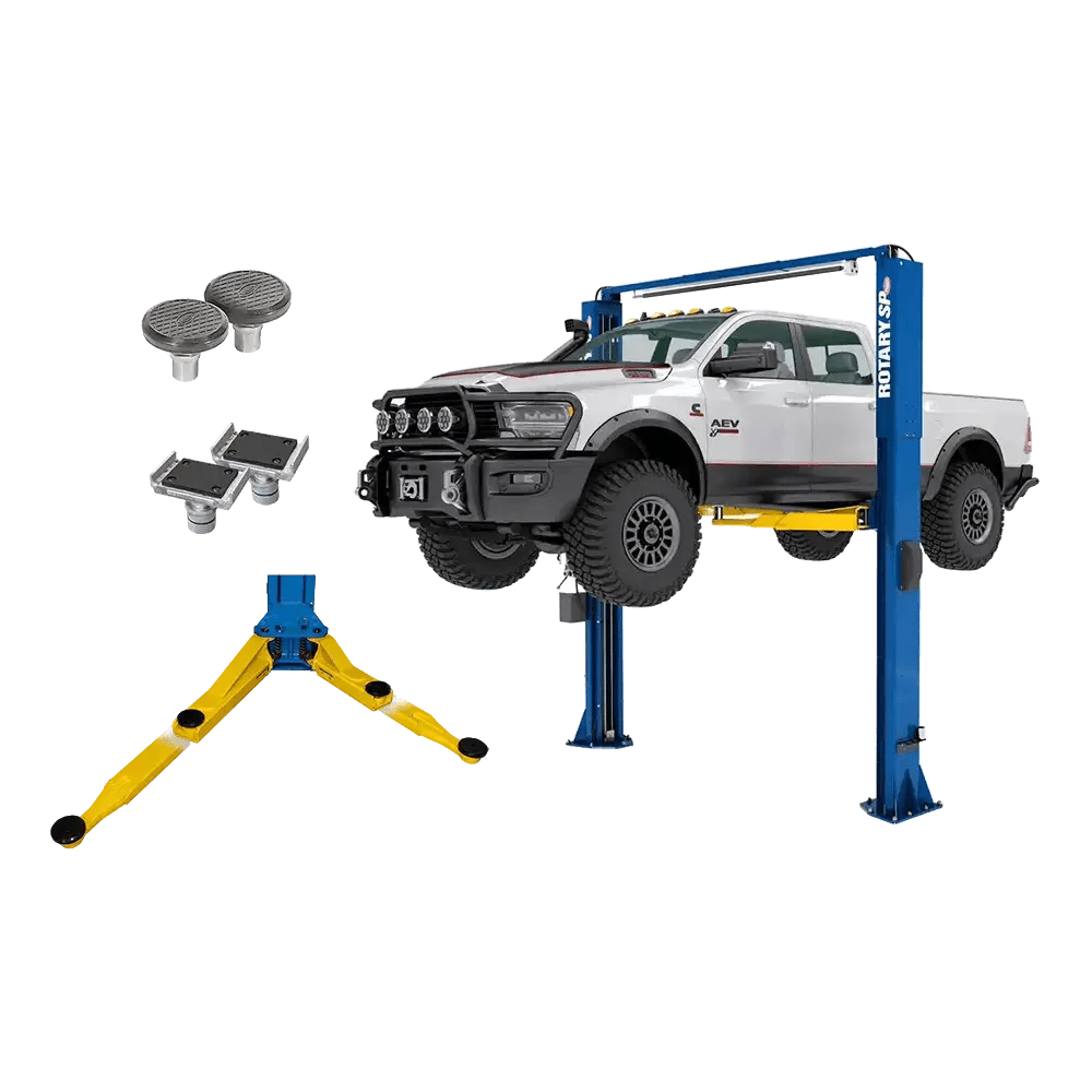 Rotary SPO12-AV lift elevating white pickup with 5in stack adapters