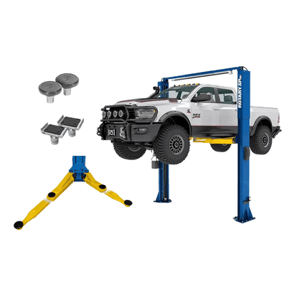 Rotary SPO12-AV lift elevating white pickup with 5in stack adapters