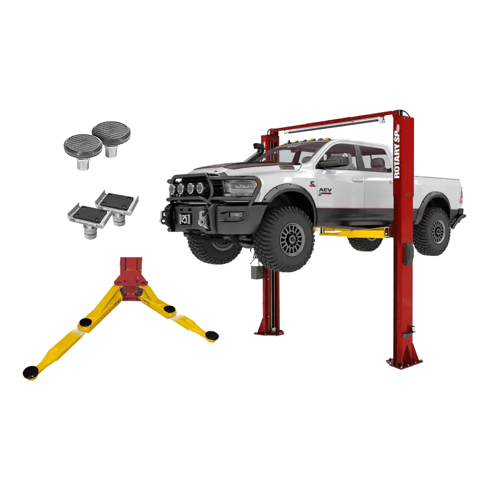 Red and yellow Rotary SPO12-AV lift elevating white pickup with seismic plate