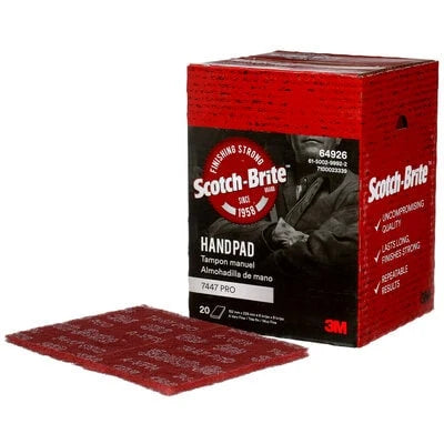 Scotch-Brite 7447 PRO Very Fine maroon hand pad, 6 x 9 in, with 20-pad carton