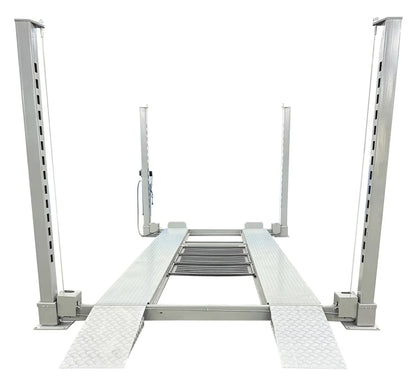 Triumph NOS10000 10,000 lb 4 post car lift angled view with ramps down