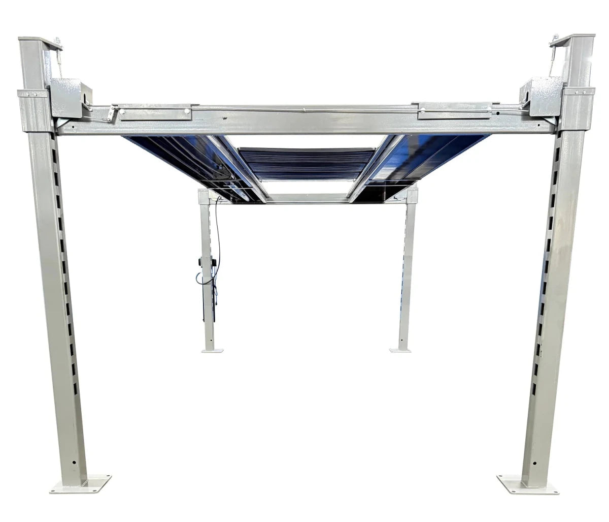 Triumph NOS10000 4 post car lift angled view with ramps raised for storage
