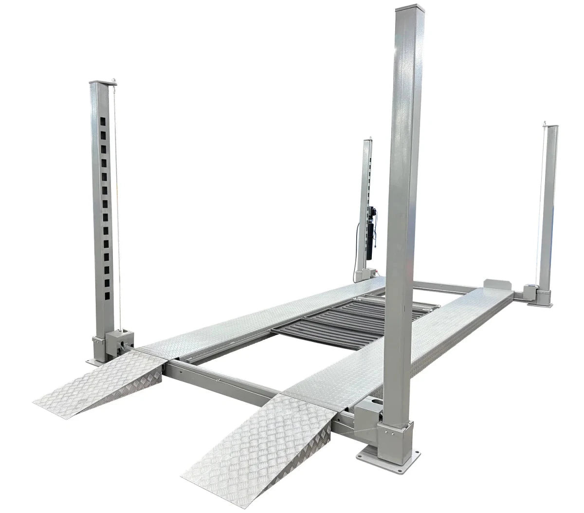 Triumph NOS10000 10,000 lb 4 post car lift with aluminum ramps down, front view