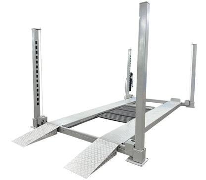 Triumph NOS10000 10,000 lb 4 post car lift with aluminum ramps down, front view