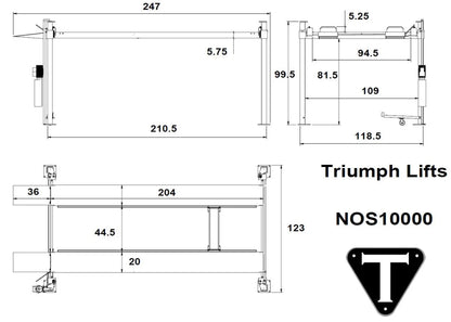 Triumph NOS10000 dimensions diagram showing 247 in length, 123 in width, and 99.5 in height specifications