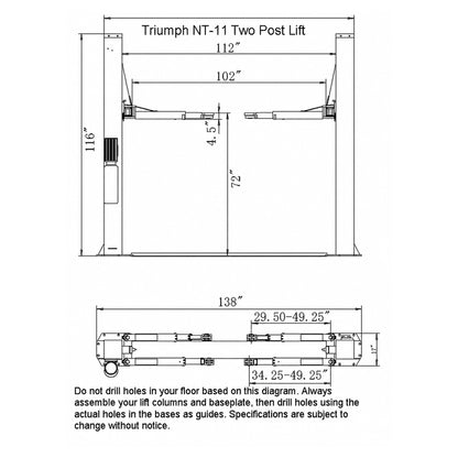 Triumph NT-11, 11,000 lb Two Post Auto Lift