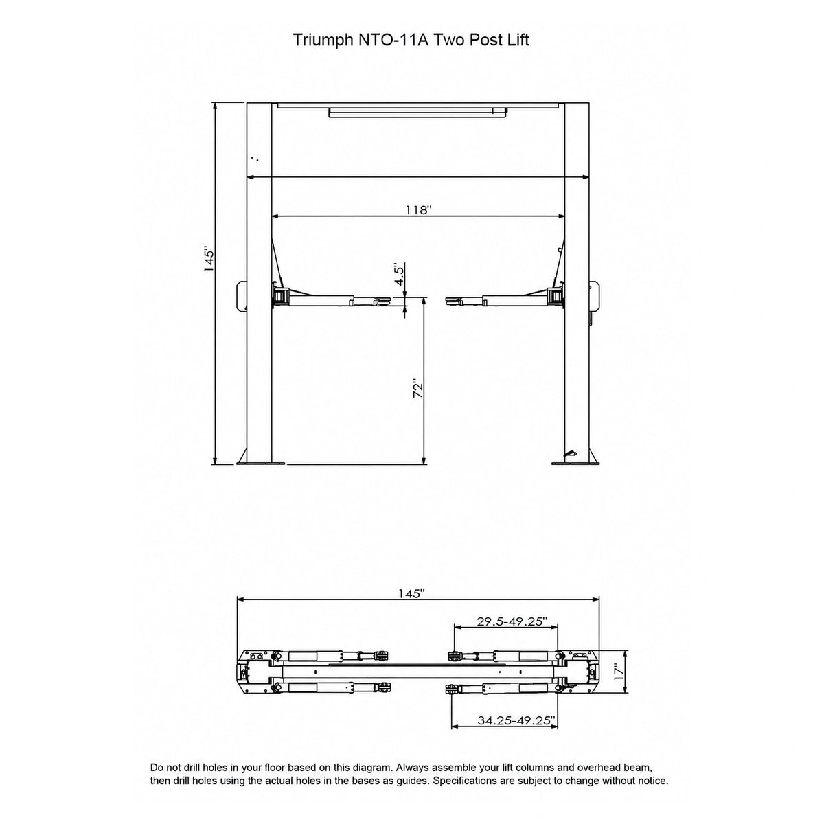 Triumph NTO-11A, 11,000 lb Two Post Auto Lift