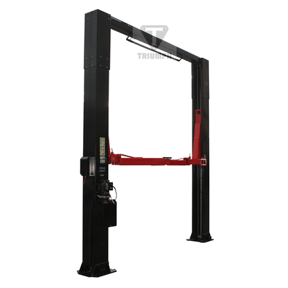 TRIUMPH NTO-20S Two Post Lift with 20,000 lb capacity, overhead design, direct drive cylinders, and included truck adapters for lifting heavy-duty vehicles.